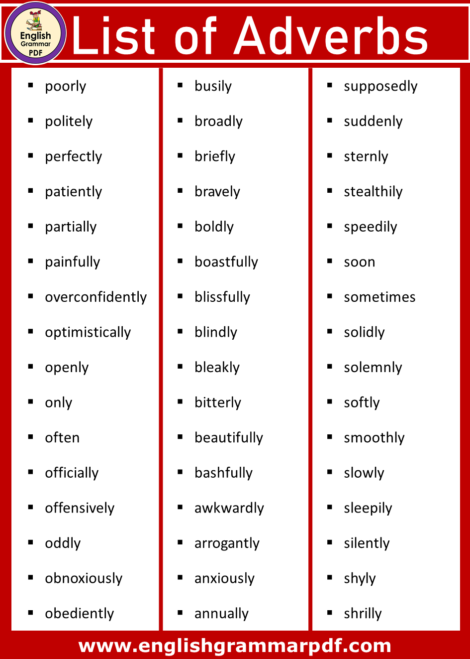 adverbs list in english