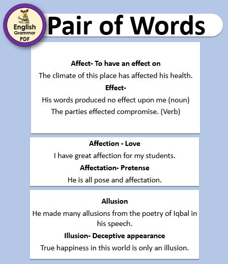 pair of words list, with sentences