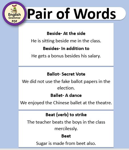 pair of words with meaning and sentences in english