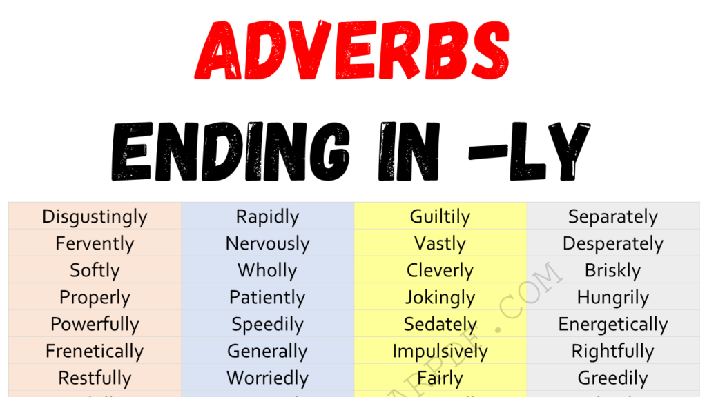 List of Adverbs Ending in Ly Copy