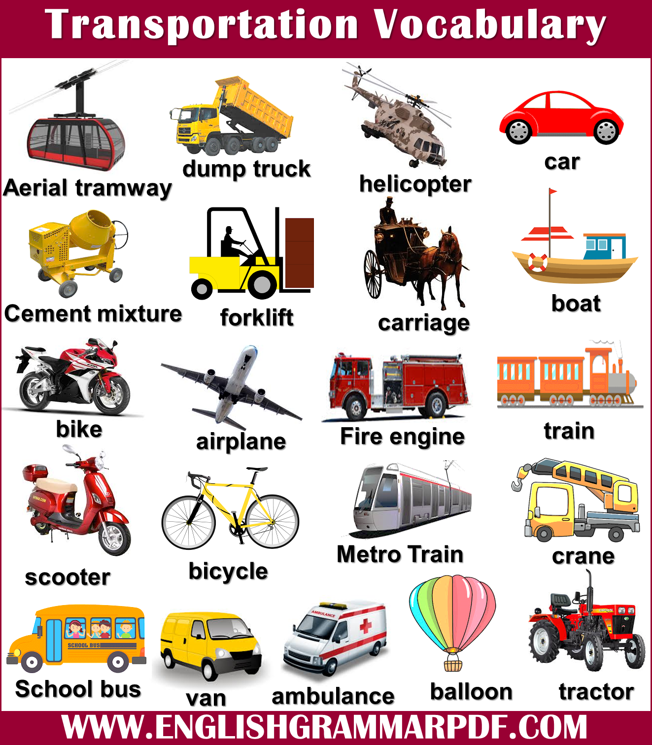 transportation vocabulary words with pictures