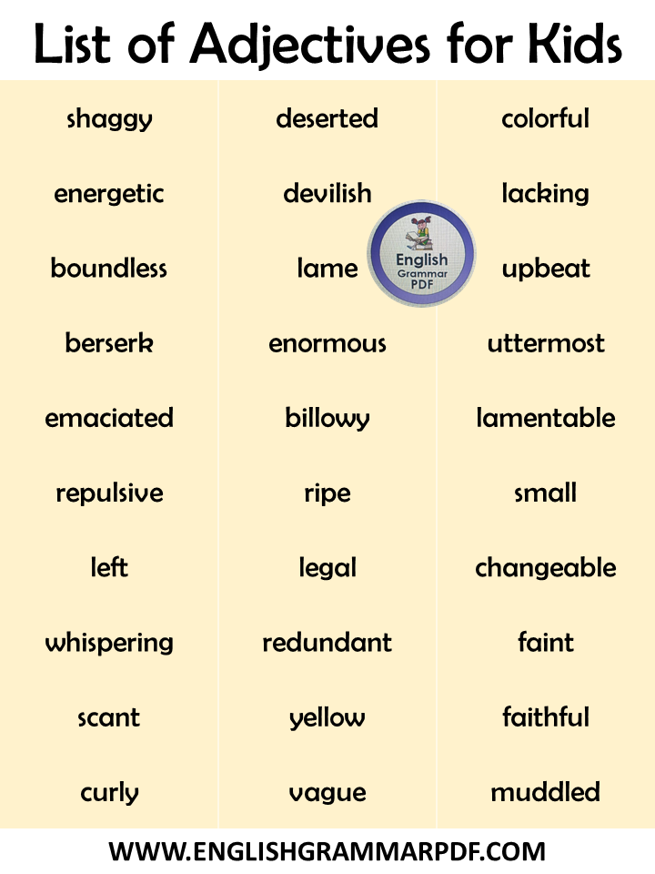 adjectives list in english grammar