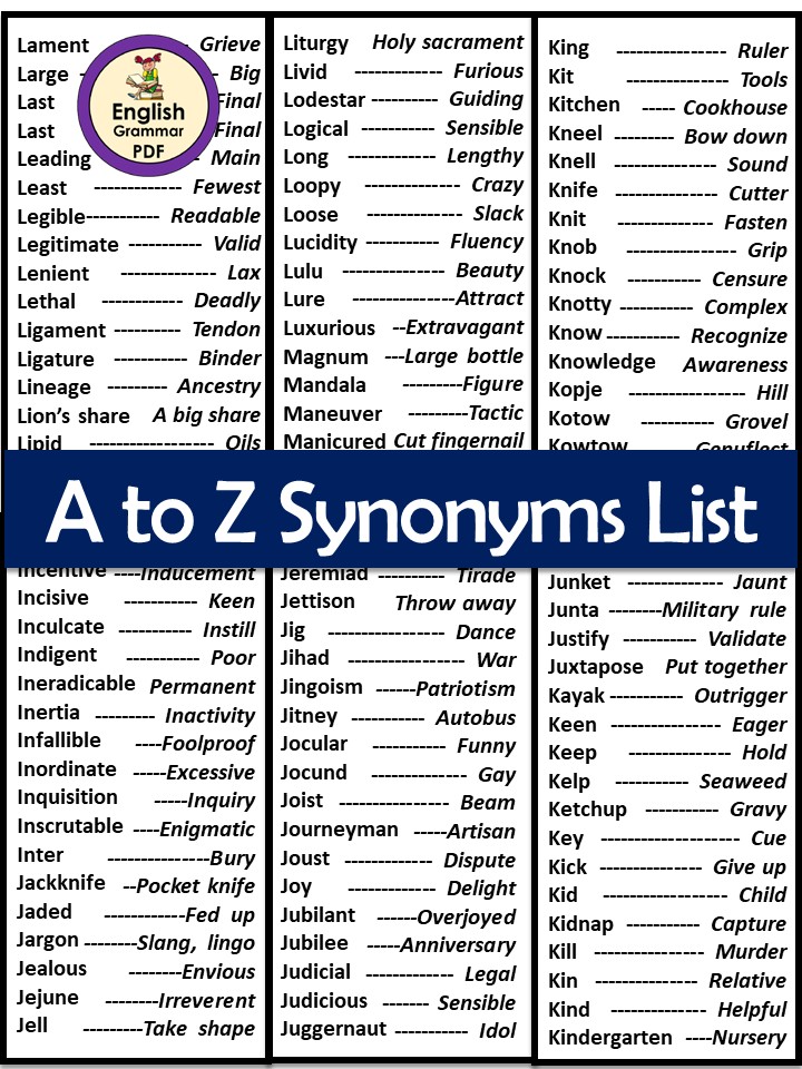 Synonyms List A To Z 1000 Synonyms List In English English Grammar Pdf