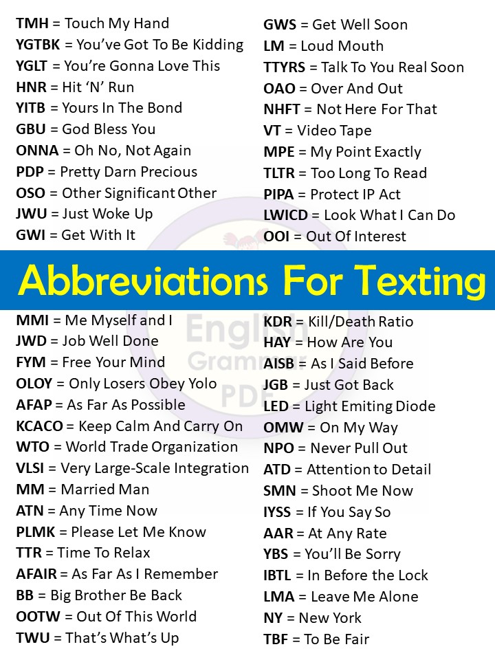 abbreviations list for texting