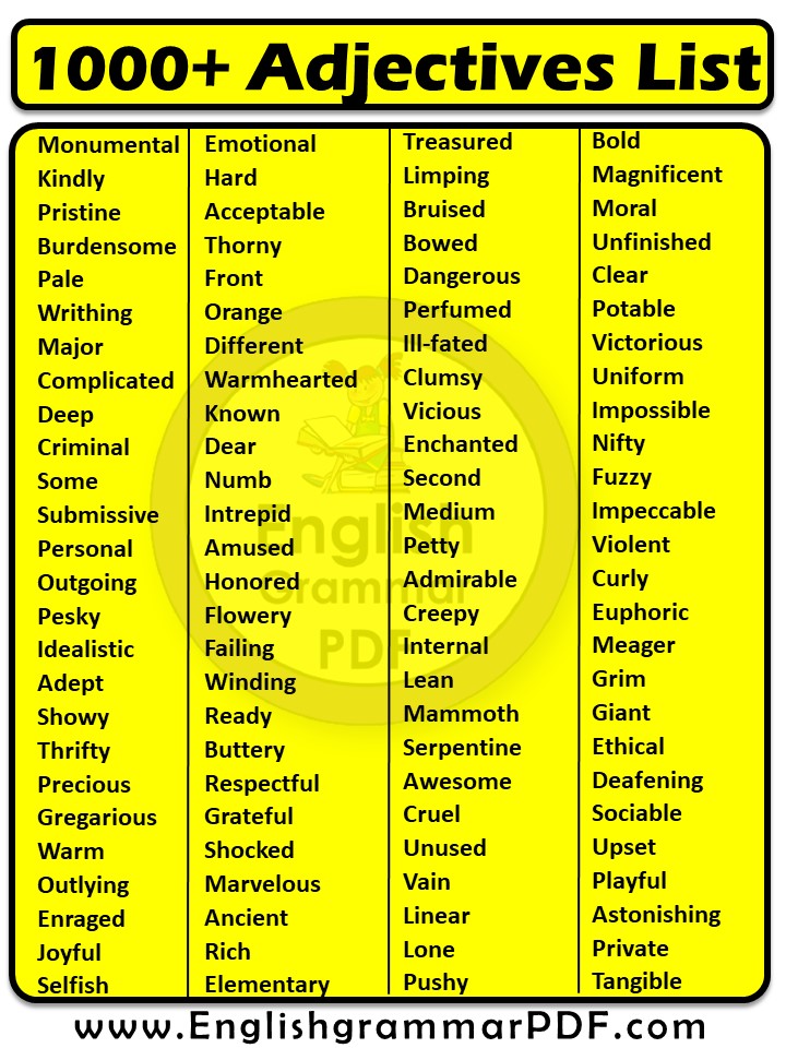 list of adjective words pdf