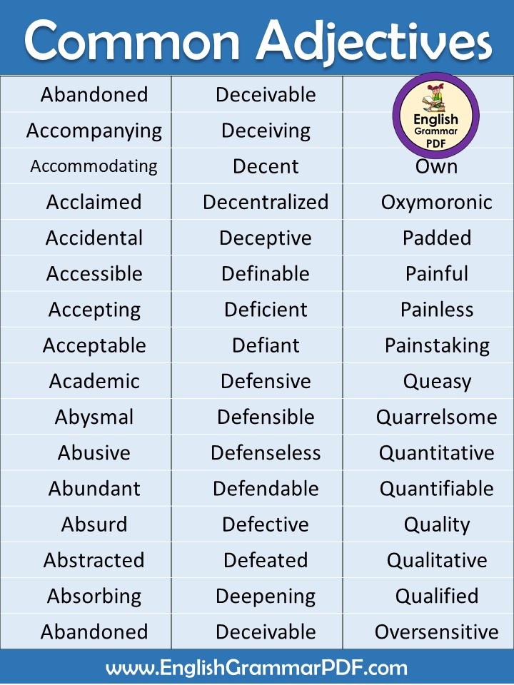 common adjectives words list