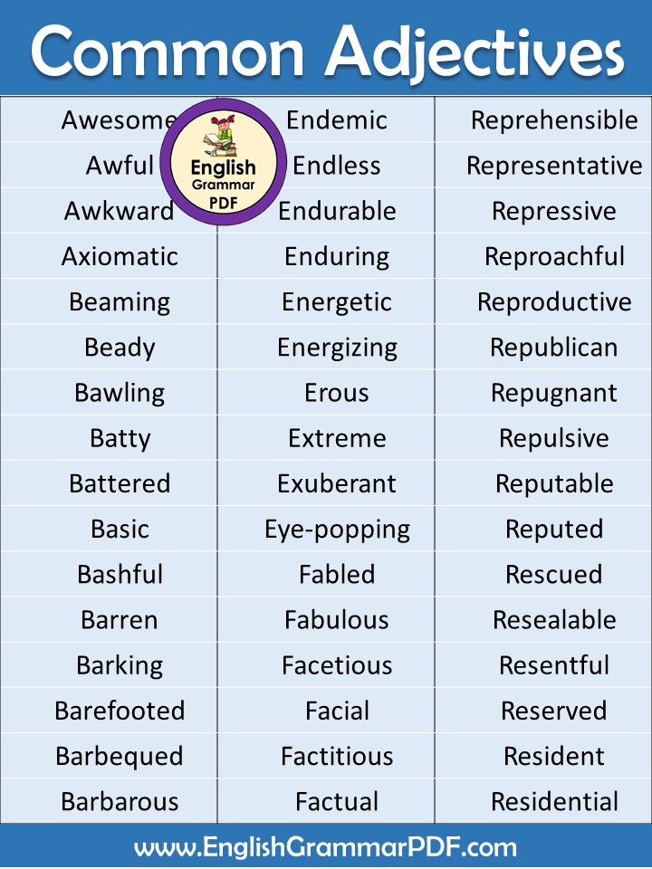 common adjectives list