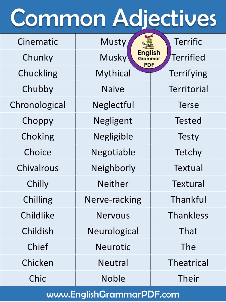 Common Adjectives Words List PDF
