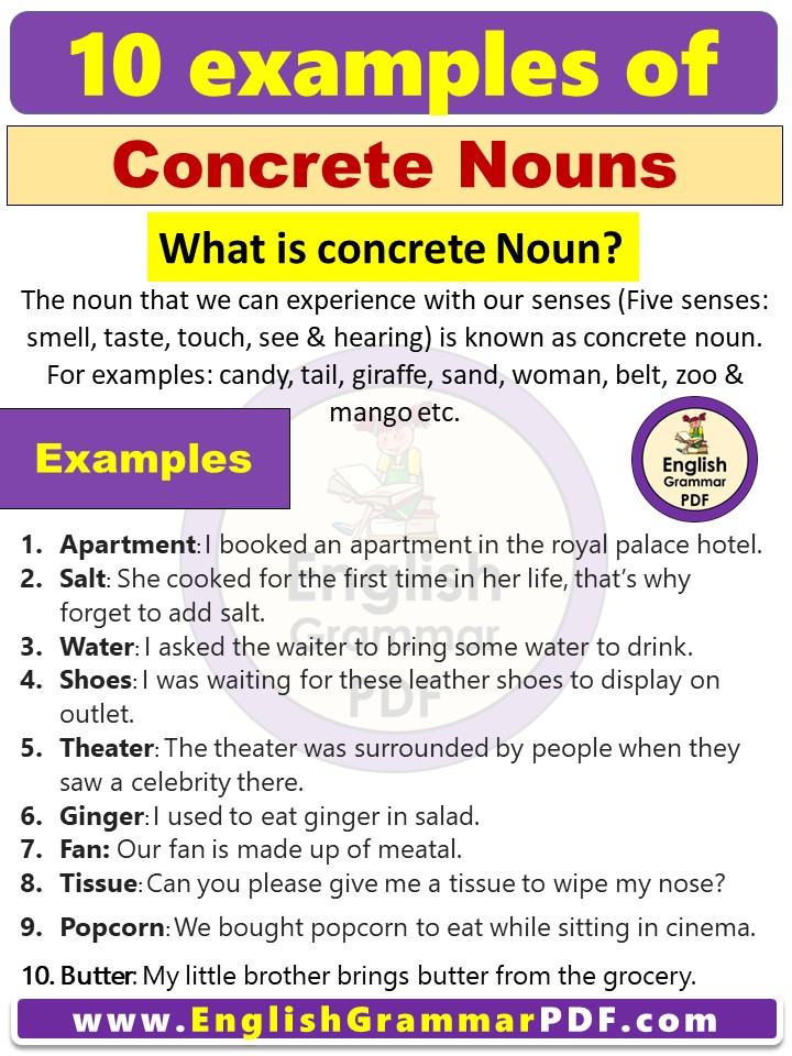 10 Examples of concrete nouns in sentences PDF