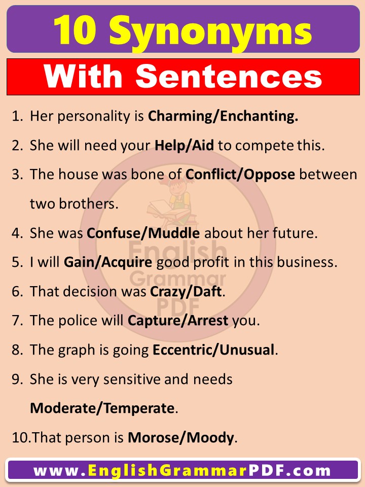 10 Examples of synonyms with sentences pdf