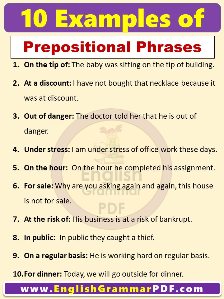 10 examples of prepositional phrases in English