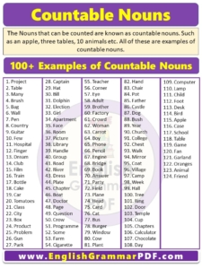 100+ Examples of Countable Nouns PDF