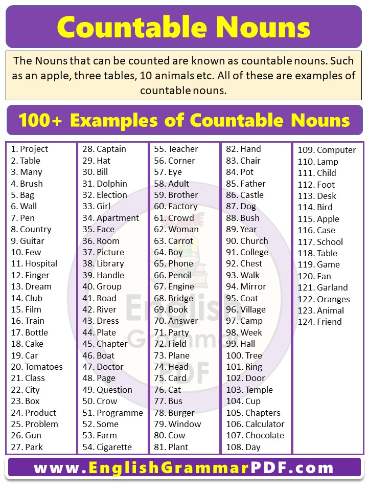 100+ Examples of Countable Nouns PDF
