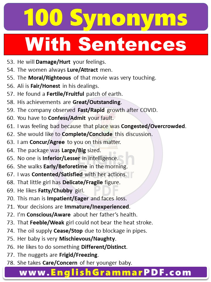 100 examples of synonyms with sentences list