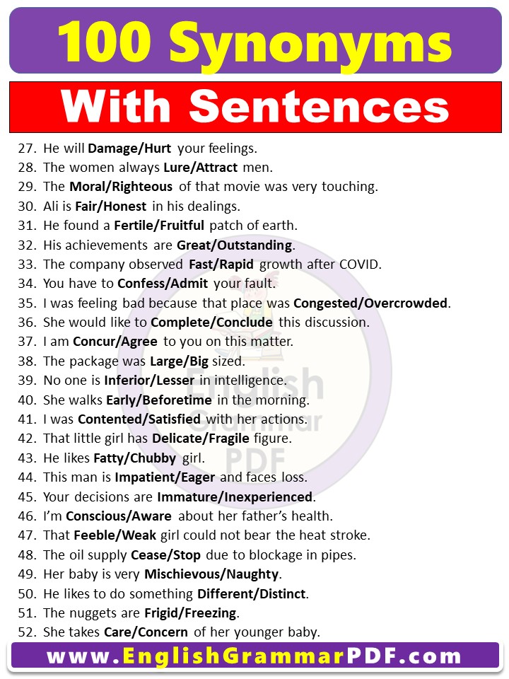 100 examples of synonyms with sentences pdf