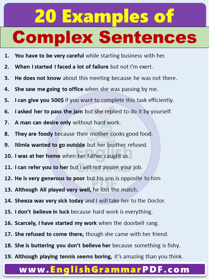 20 Examples of Complex Sentences in English pdf