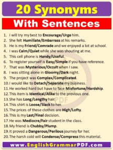 20 Examples of synonyms with sentences