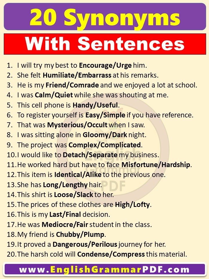 20 Examples of synonyms with sentences