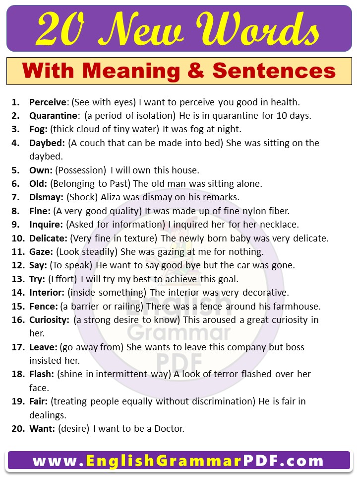 20 New Words With Meaning And Sentences English Grammar Pdf