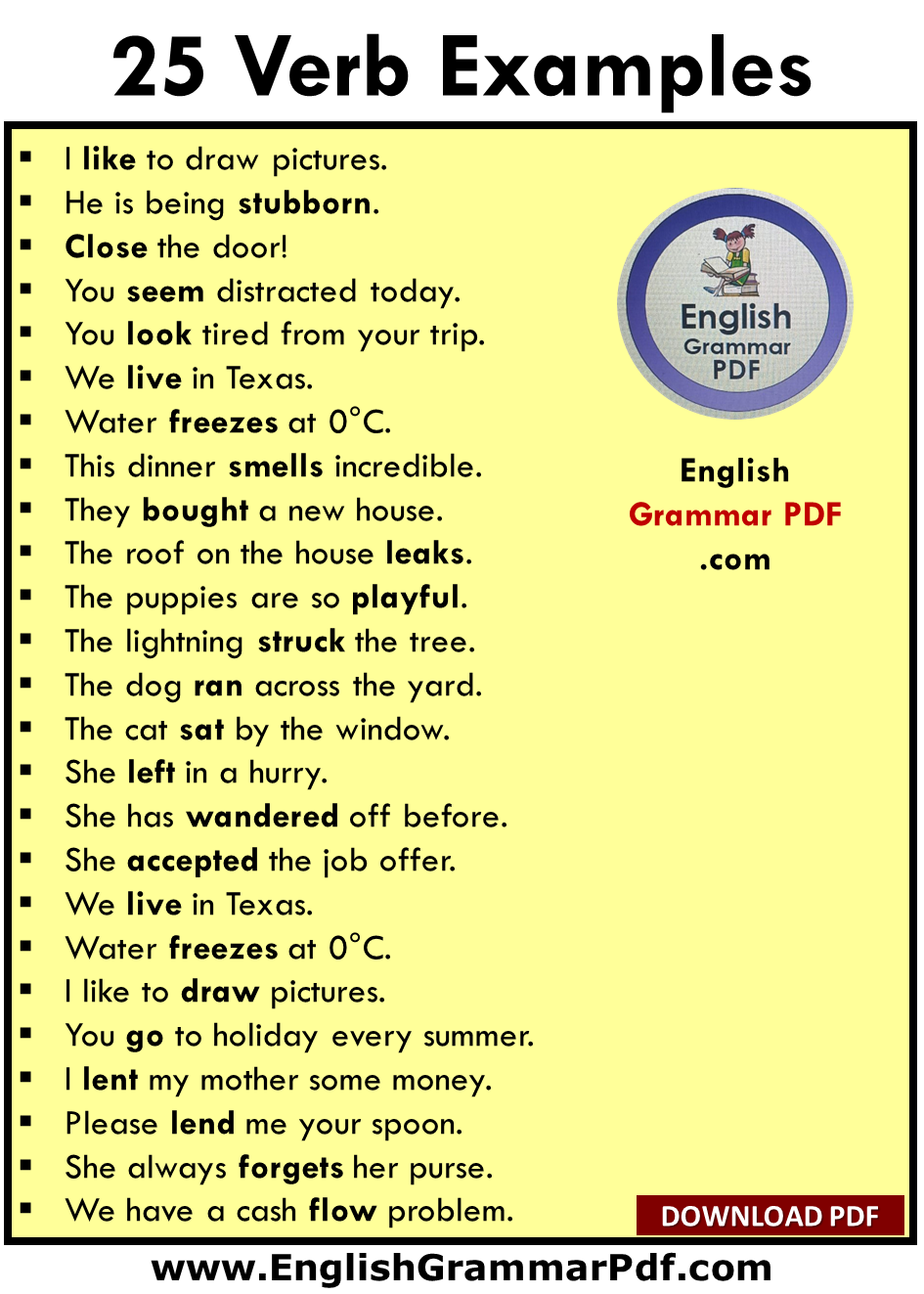25 Verb Sentences Verb Examples In Sentences English Grammar Pdf