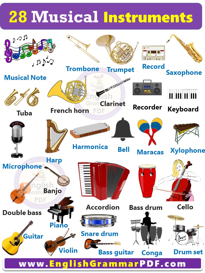 28 Musical Instruments Names with Pictures In English - English Grammar Pdf