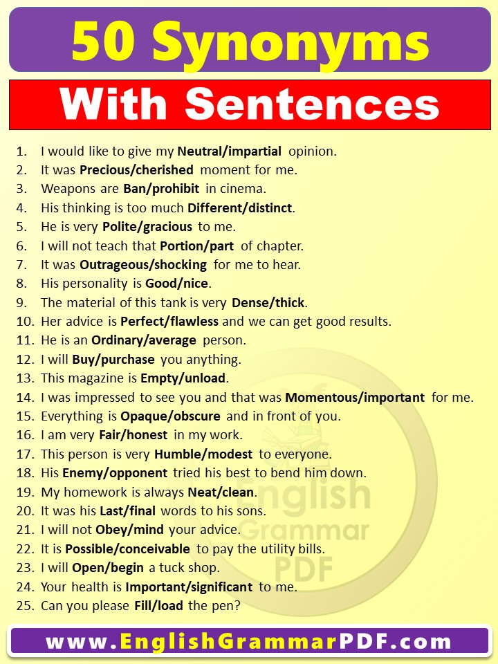 50 examples of synonyms with sentences pdf