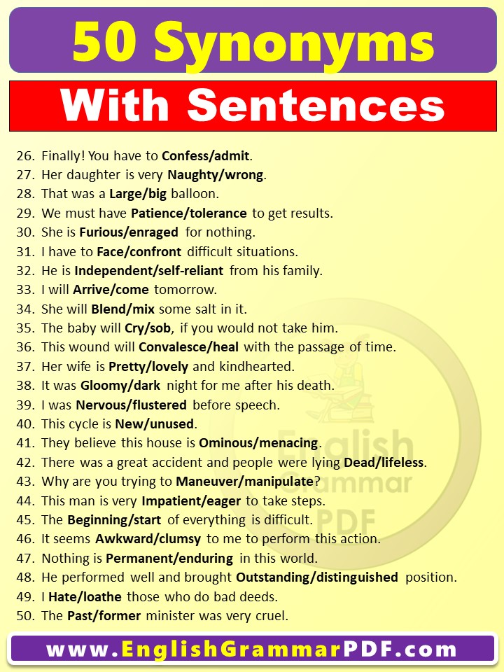 50 examples of synonyms with sentences