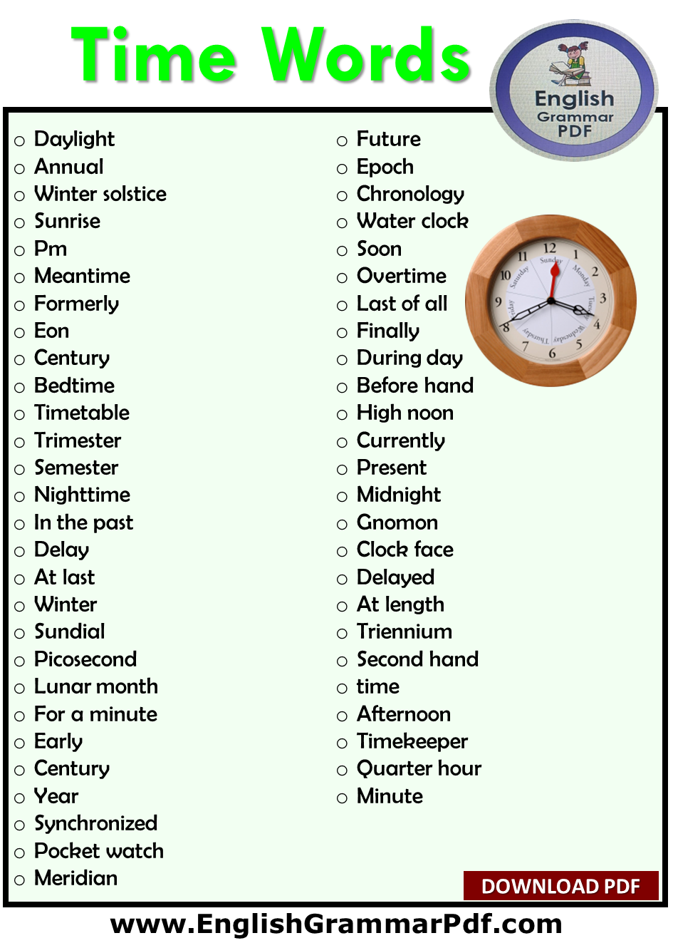 300 time words, time vocabulary words
