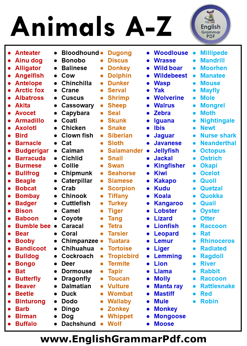forfængelighed Caroline systematisk 400 Animal Names From A to Z PDF - English Grammar Pdf