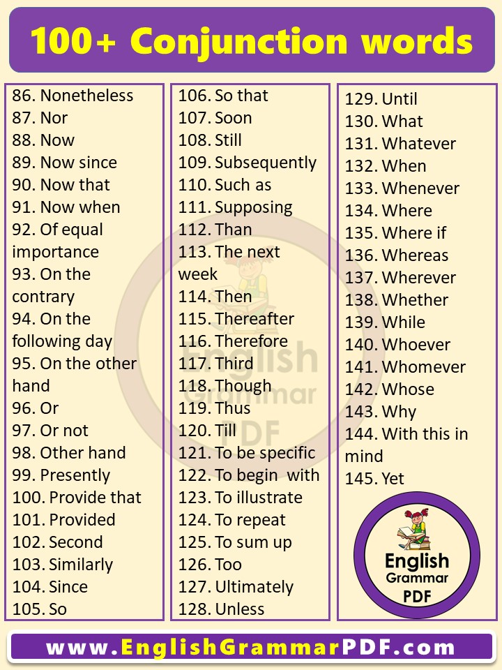 Conjunction Words List in English Pdf