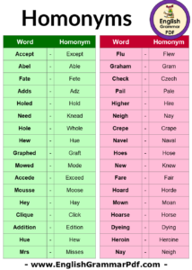 Detailed Homonym Words List in English