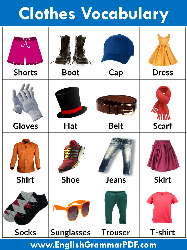English Clothes Names Vocabulary, 16 Clothes Names with Pictures
