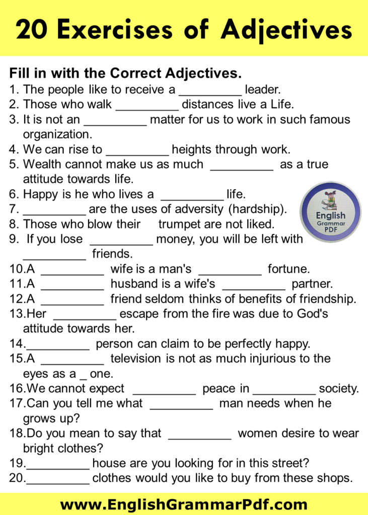 20 Exercises Of Adjectives Adjective Exercises PDF English Grammar Pdf