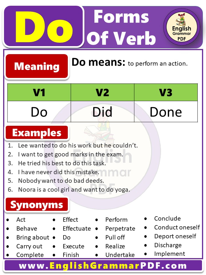 Past Tense of do, Past Participle Form of do, do V1 V2 V3 forms of verb pdf
