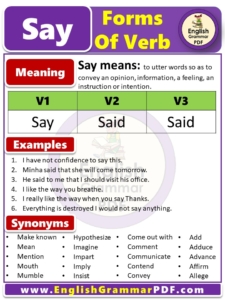 Say forms of verb with examples & meaning, V1 v2 v3 forms of verb