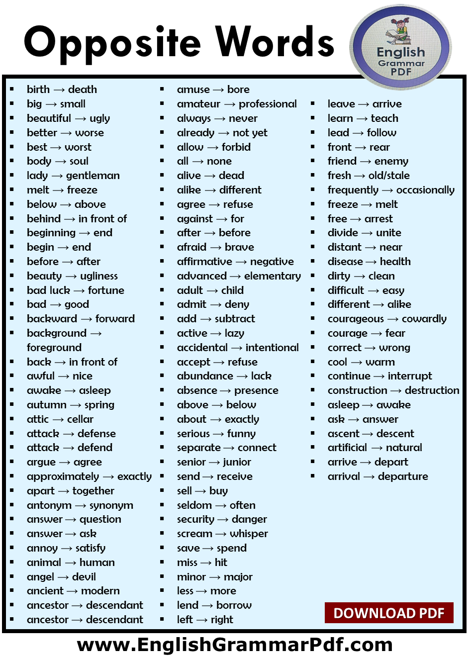 opposite words list in english