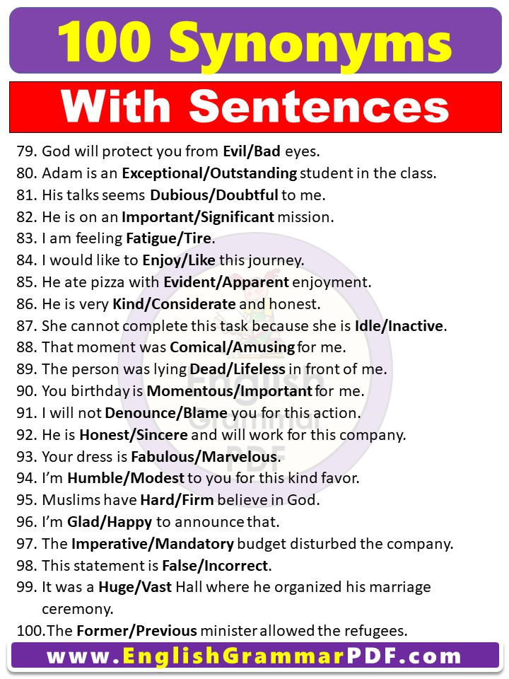 examples of synonyms with sentences