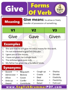 Read more about the article Give forms of verb, V1 V2 V3 form of Give, Give past tense in English PDF