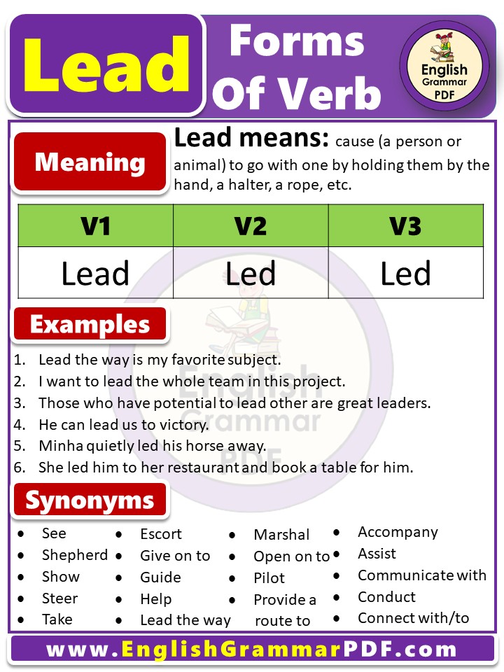 lead forms of verb, V1 V2 V3 form of lead PDF, lead past tense in English