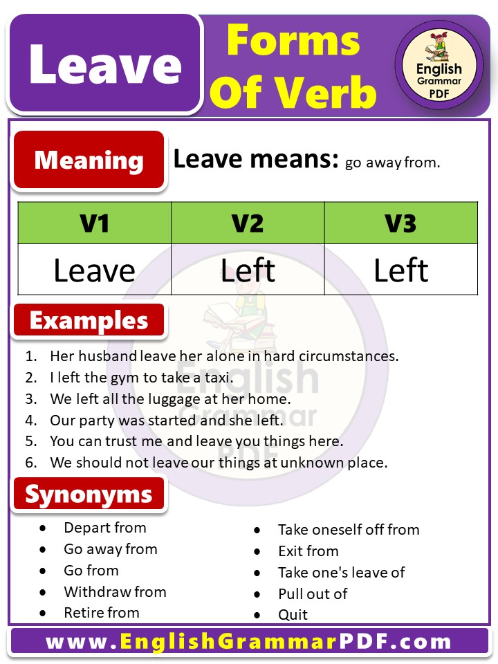 leave forms of verb with examples & meaning, V1 v2 v3 forms of verb