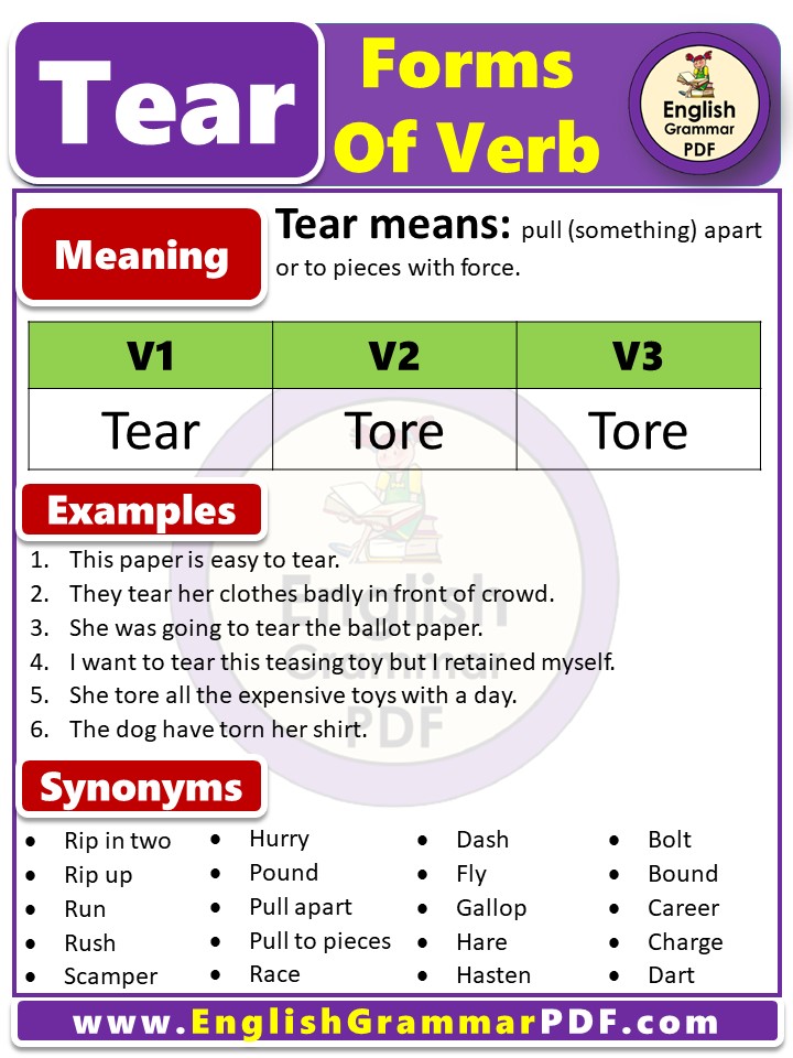 tear forms of verb with examples & meaning, V1 v2 v3 forms of verb