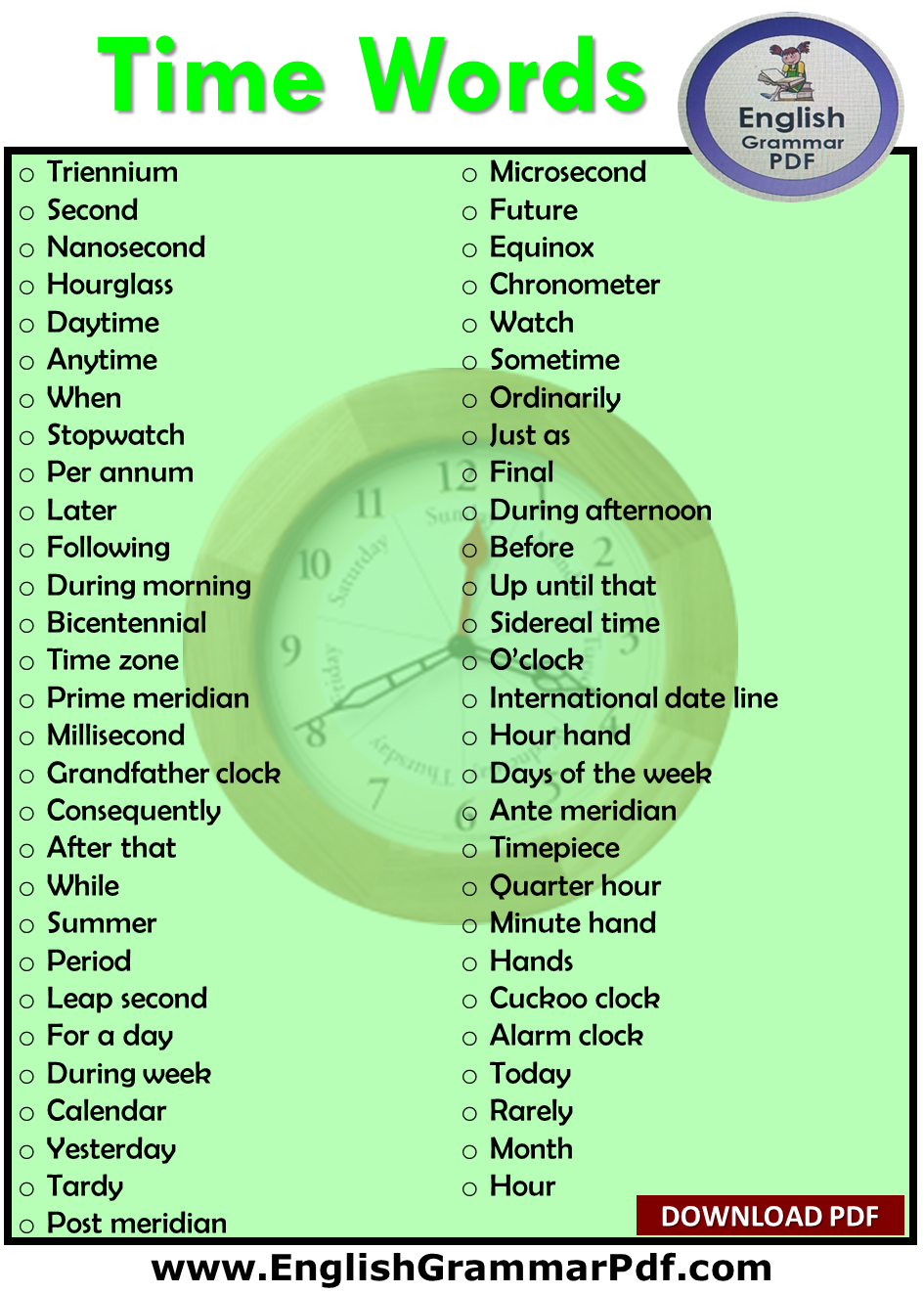 time vocabulary list