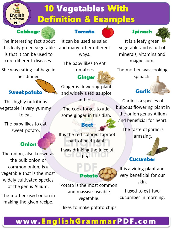 10 vegetable name in English, Definition and examples