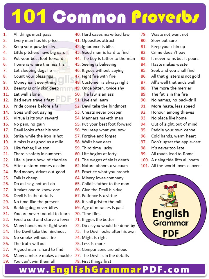 100+ Common Proverbs In English PDF
