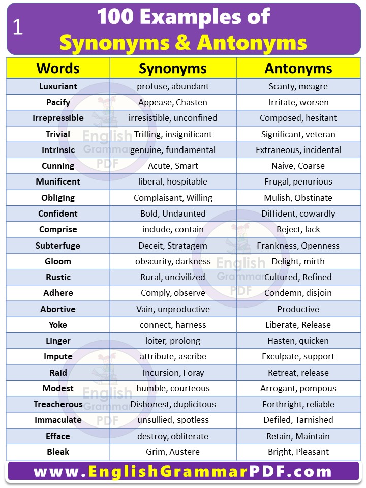 100 Examples of Synonyms and Antonyms Vocabulary