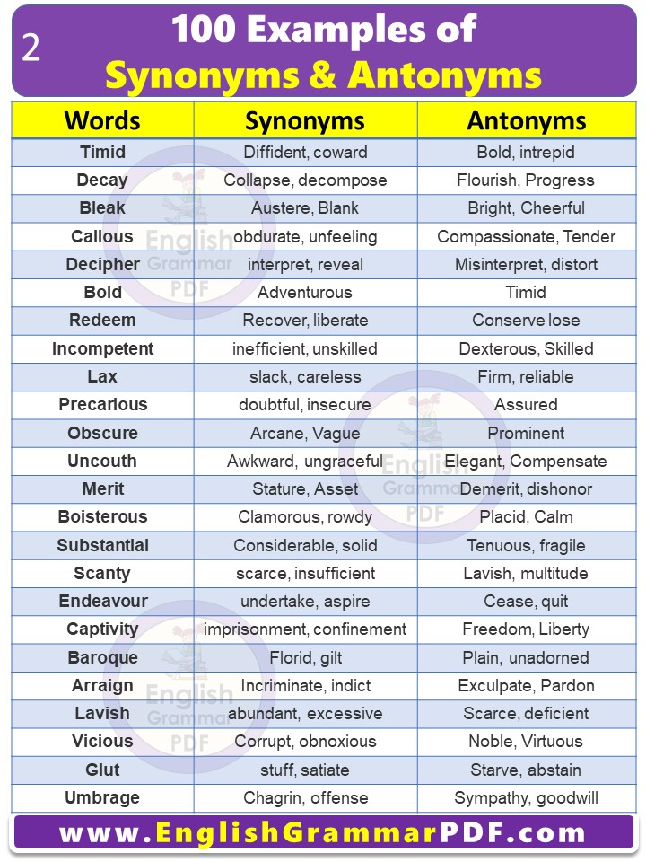 100 Examples of Synonyms and Antonyms