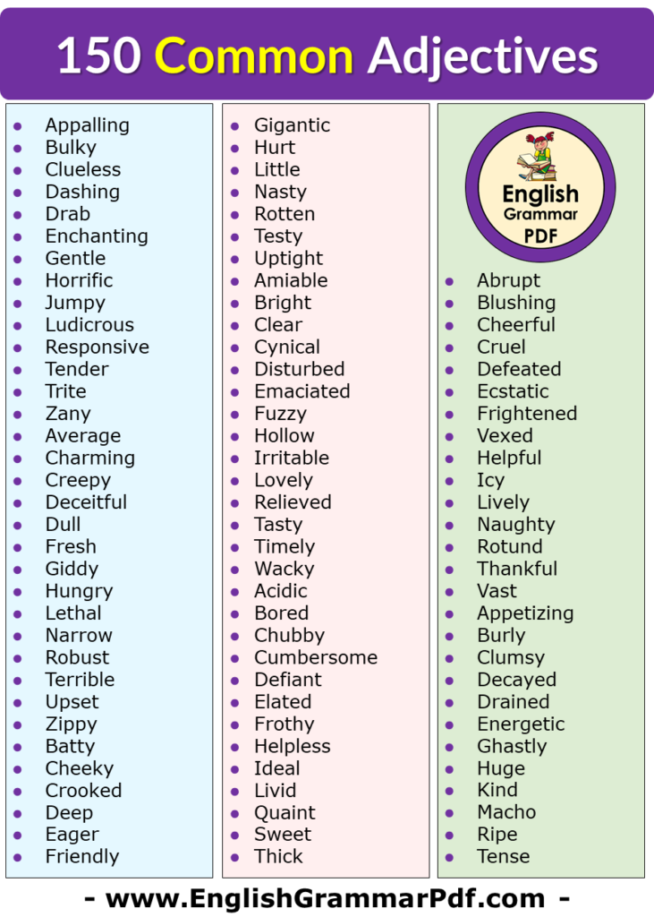 150 Common Adjectives List in English