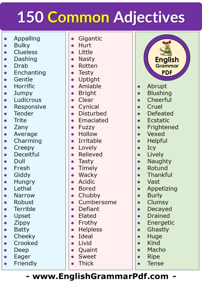 150 Common Adjectives List in English - English Grammar Pdf