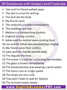 20 Sentences with Subject and Predicate