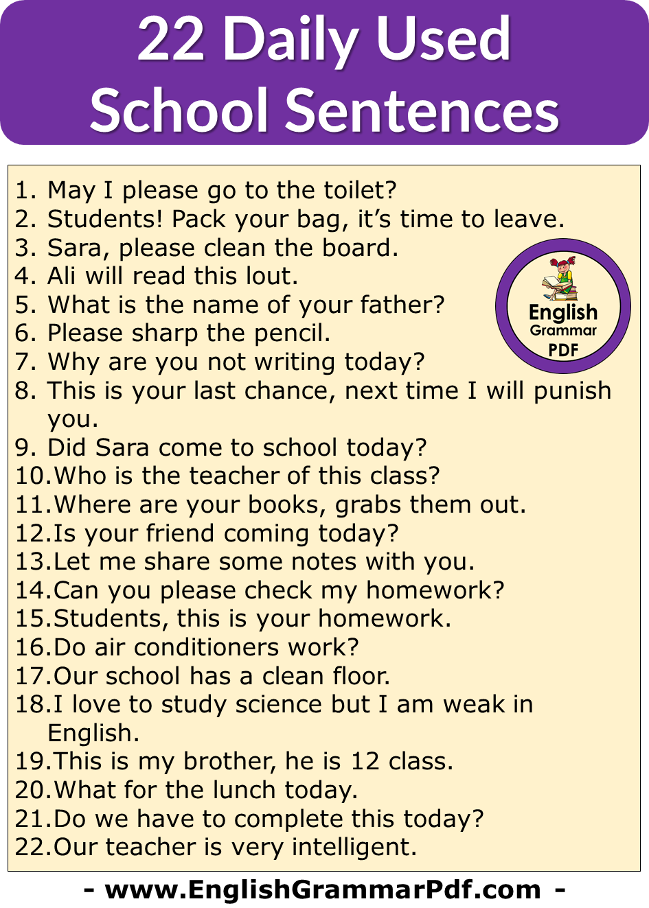 22 Daily Use English Sentences in School, Classroom English Phrases Examples